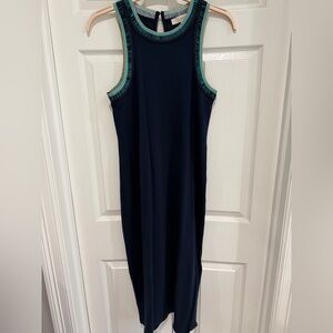LOFT Navy Midi Dress with Teal Trim